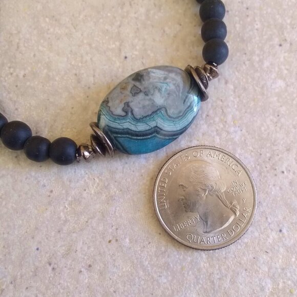 Blue Gray & Black - Sleek Crazy Lace Agate Bracelet - 6.5-7" Wrists - Minimalist - Picture 2 of 7
